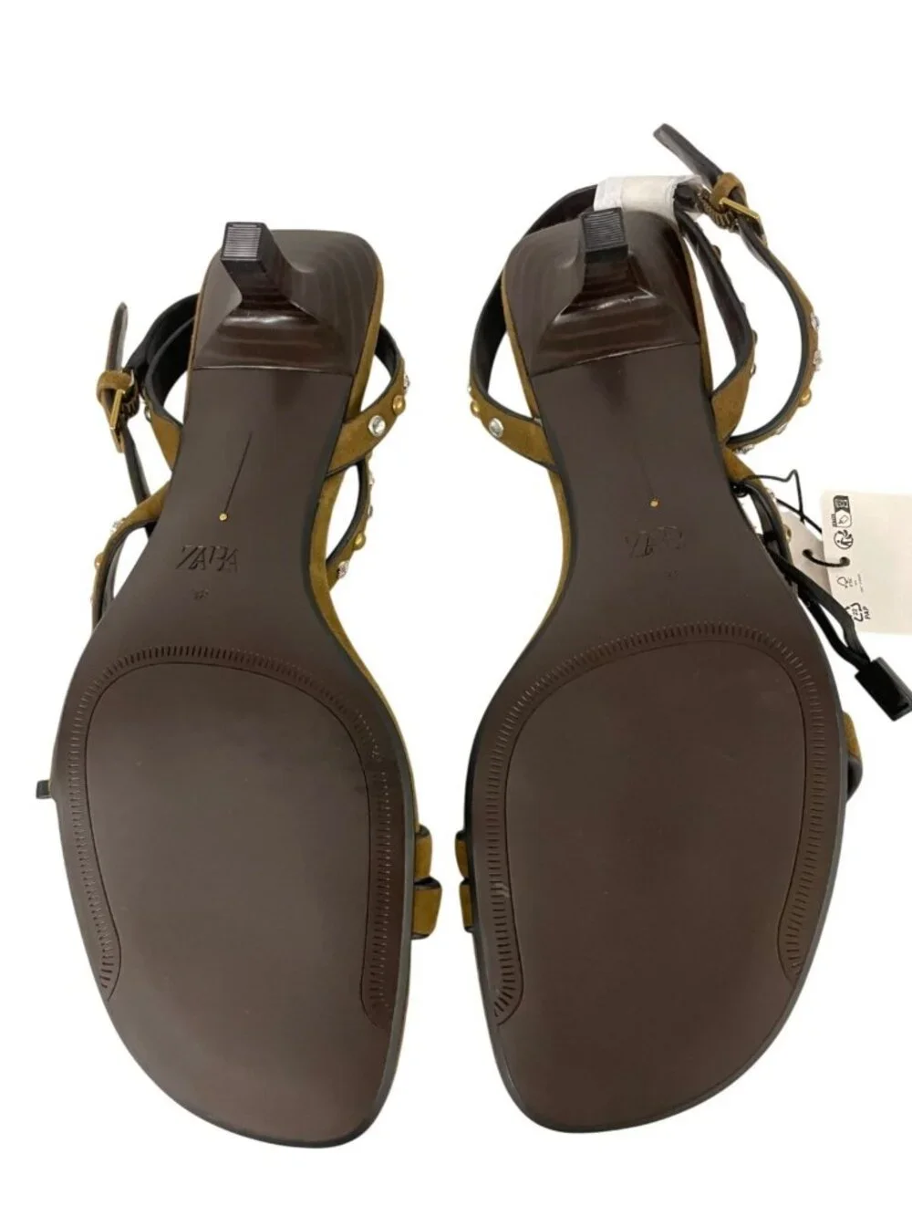 Zara Womens Suede Sandals EU 38 US 7.5 Olive Green Studded Heels 1346/610 NWOB - Picture 9 of 12